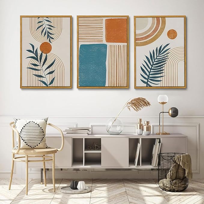 Bwodke Boho Wall Art, Framed Abstract Wall Art, botanical Neutral Canvas Wall Decor, Large Mid Century Plant Pictures Set of 3, Modern Minimalist Paintings ,for Bedroom Living Room Bathroom