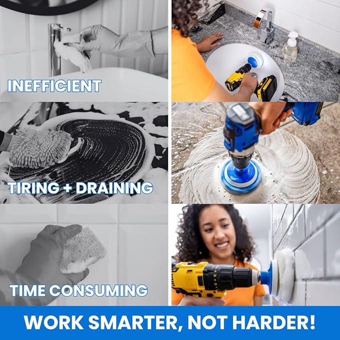 7 Pack Multi-Purpose Drill Brush Kit for Cleaning Bathrooms, Showers, Tubs, Tile, Floors, Sinks, Toilets, Grout and Grime Removal, Reversible Blue and White Scrub Pads