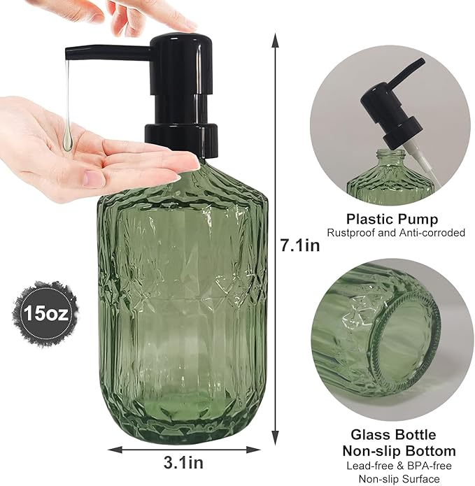 Green Glass Soap Dispenser with Black Pump, 15oz Liquid Hand Dispenser, Refillable Lotion Dish Soap Dispenser for Modern Home Decor, Bathroom, Kitchen Countertop, Hotel