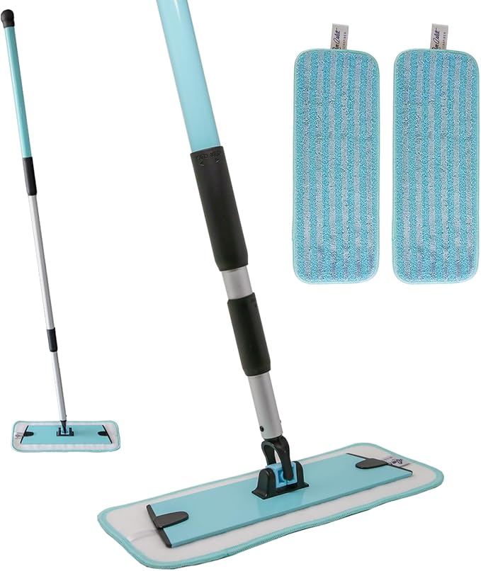 Don Aslett's 12" Mop with 2 Reusable Microfiber Pads (Aqua) Bathroom or Kitchen | 360° Rotating Head | Machine Washable | Extending Pole