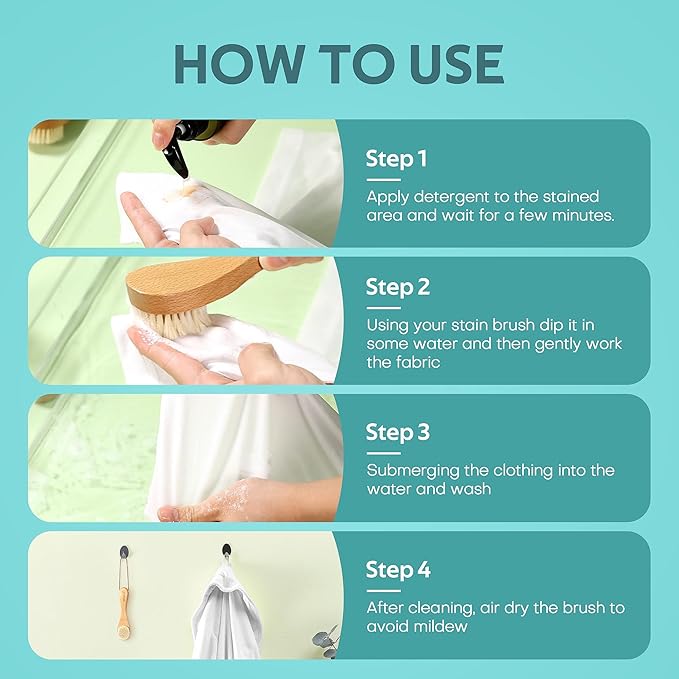 BFWood Laundry Stain Brush, Natural Soft Boar Bristles, Removes Tough Stains from Delicate Fabrics Like Knits, Cotton, and Linens, Gentle on Fabrics, No Damage