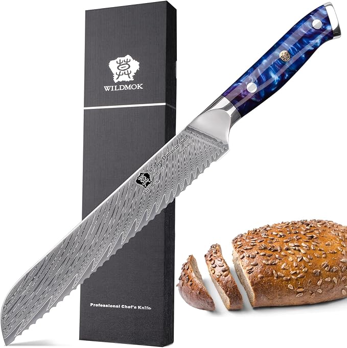 WILDMOK Serrated Bread Knife, 8 inch 67-Layer Damascus Steel Bread Knife, Ergonomic Strong durable resin handle with Luxury Gift Box