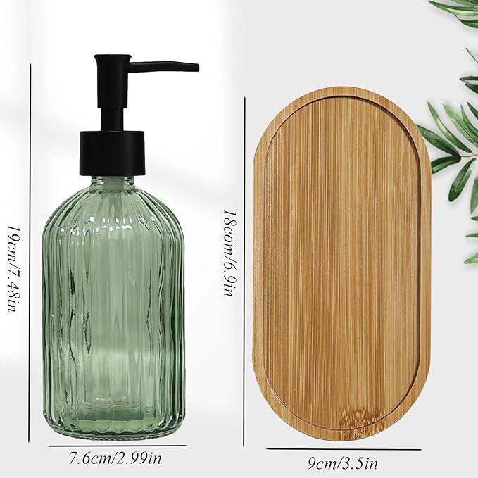 Glass Hand and Dish Soap Dispenser Set of 2 with Plastic Pumps, Bamboo Tray, 13.5oz Green Bathroom Soap Dispenser with Vertical Stripe for Hand Wash & Dish Wash, Ideal for Bathroom Kitchen Countertop