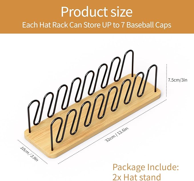 Hat Organizer for Baseball Caps 2 Pack Hat Rack for 14 Baseball Caps Wooden Hat Holder Stand Storage Display Cap Organizer for Closet Shelf