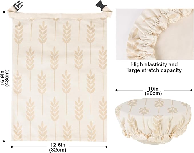 LAKE OF FIRE 16.9"x12.6" Reusable Bread Storage Bags for Homemade Bread with Reusable 2 Bowl Covers,Large Sourdough Bread Bags Food Storage Cloth Bag(Beige + Wheat)