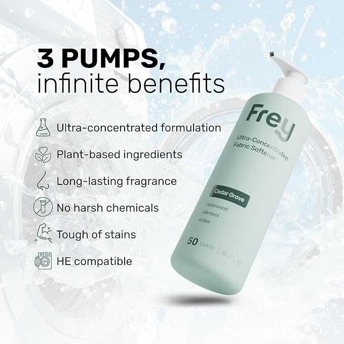 FREY Natural Liquid Fabric Softener & Conditioner | Laundry Softener for Clothing | Works In All Machines + HE | Powered by Natural Ingredients (1-pack, Cedar Grove)