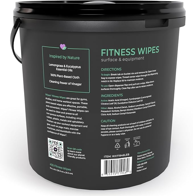 Wipex Yoga Mat Cleaner Gym Wipes - Plant-Based Lemongrass, Eucalyptus & Vinegar Wipes for Fitness Equipment & All Purpose Gym Cleaning - Safe for Peloton Bikes & Treadmills - 400 Count