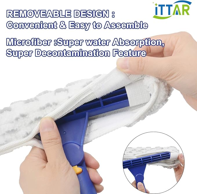 ITTAR Window Squeegee Cleaner Kit, 5Ft Extendable Stainless Steel Pole with Rotatable Rubber Squeegee & 2 Microfiber Scrubber Pads, Professional Window Cleaning Tool for Home, Shower, Car, Windshield