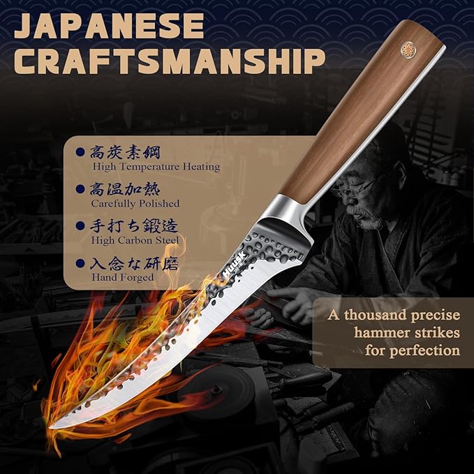 Huusk Boning Knife 6 Inch Fillet Knife for Meat Brisket Trimming Knife Japan Hand Forged Deboning Knives Full Tang Meat Cutting Butcher Knife for Kitchen Cooking BBQ