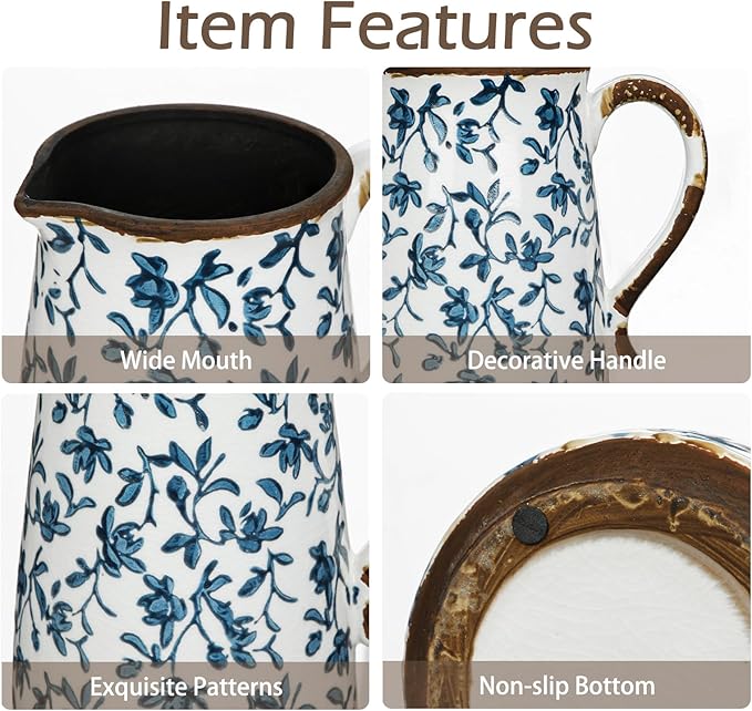 Ceramic Rustic Farmhouse Vase, 7.9" Blue and White Vase for Centerpieces Chinoiserie Vases Pottery Jug with Handle Chinoiserie French Country Decor Vintage Vases for Living Room Kitchen Dinner Table