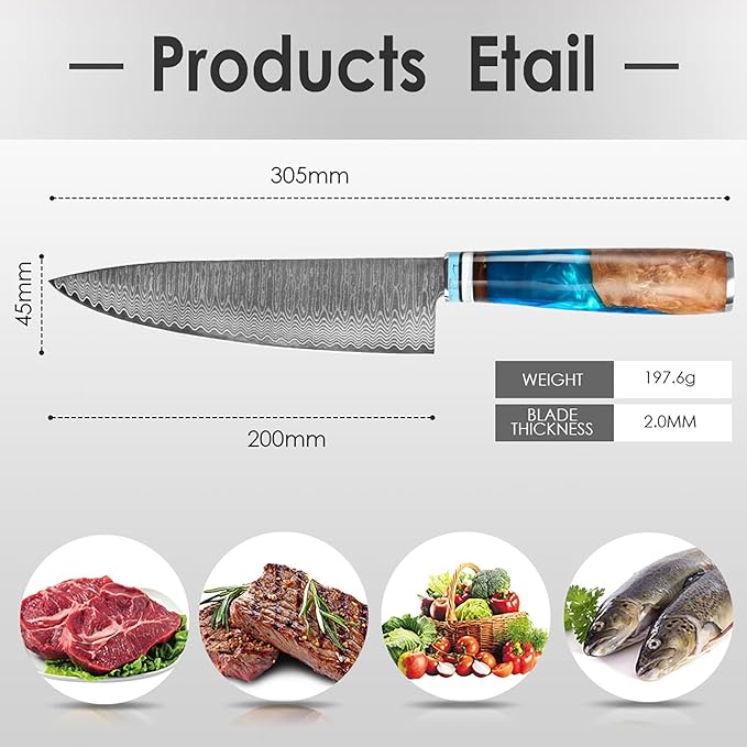 Kuwata Chef Knife, Professional Japanese VG10 Damascus Steel Kitchen Chefs Knife 8 Inch, Razor Sharp Professional Meat Cutting Knife with Gift Box for Family, Restaurant