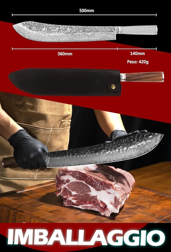 YOUSUNLONG Bull nose Breaking Knife 14 Inch (356mm) Extra length Super Japanese Hammered Damascus steel Natural Walnut Wood Handle with Leather