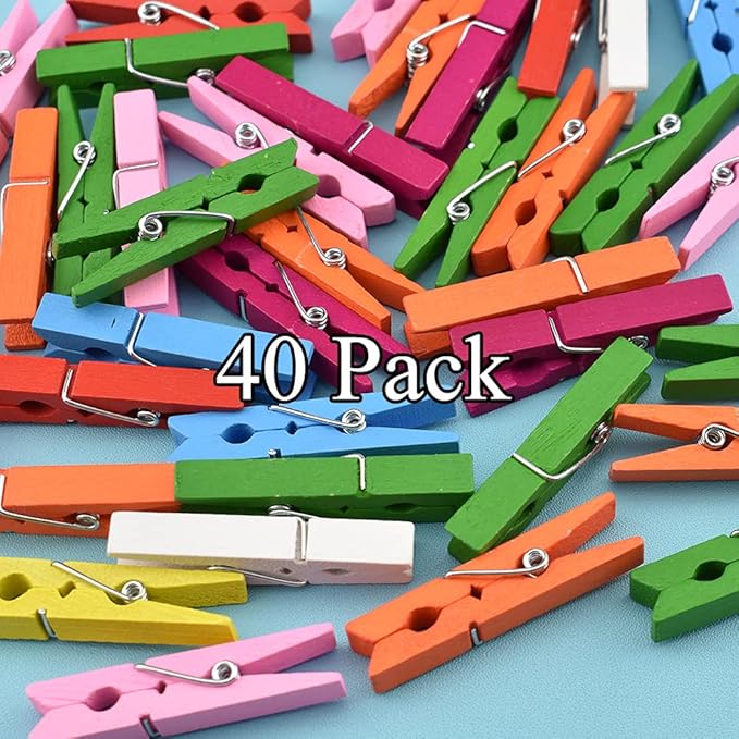 HAHIYO Color Wooden Clothes Pins Clothespins Small Do NOT Fall Apart 1.77 inches Length 40 Pack Sturdy Strong Springs No Rust No Discoloration for Laundry Bathroom DIY Craft Photos Food Opened Bags