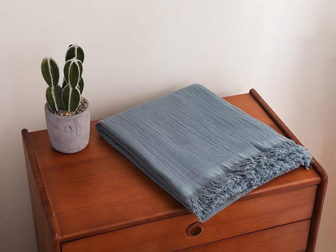 100% Cotton Muslin Throw Blanket for Bed, Couch, Small, Decorative, Soft, Pre-Washed, Breathable and Lightweight Gauze Blanket with Tassels, Suitable for All Seasons, Grey Blue, 50"x60"