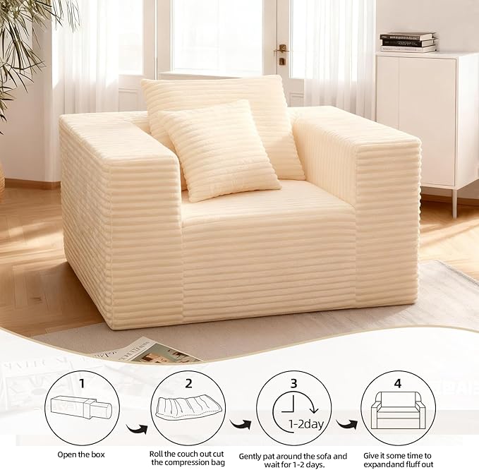 Single Sofa Foam Couch Sofa for Small Spaces, Giant Bean Bag Chair, Comfy Sofas with Removable Cover Furry Couch Pillows for Living Room, Bedroom, Apartment, Dorm, Office