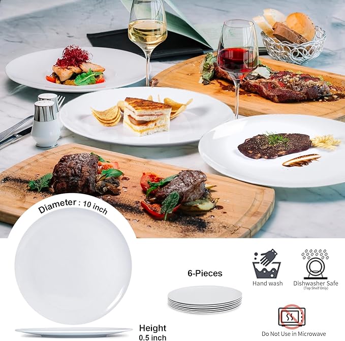 White Melamine Dinner Plates,6pcs Dishes Set,10inch Lightweight Round Plates,Scratch Resistant Unbreakable Serving Dishes,White