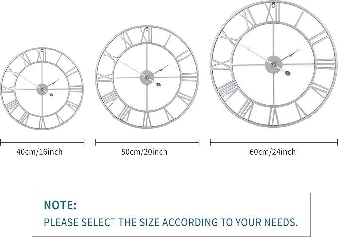 1st owned Large Wall Clock, Metal Retro Roman Numeral Clock, Modern Round Wall Clocks Almost Silent, Easy to Read for Living Room/Home/Kitchen/Bedroom/Office/School Decor (Silver, 24 Inch)