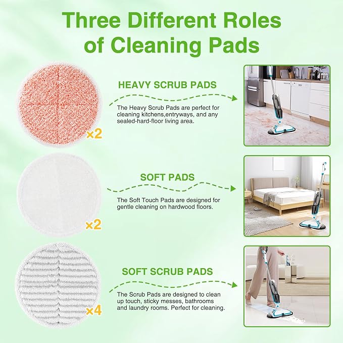 8 Pack Mop Pads Replacement Compatible with Bissell Spinwave 2124, 2039A, 2307, 23157, 23159, 20393, 20399 Hard Floor Spin Mop, 2 Soft Pads, 4 Scrubby Pads, 2 Heavy Scrub Pads