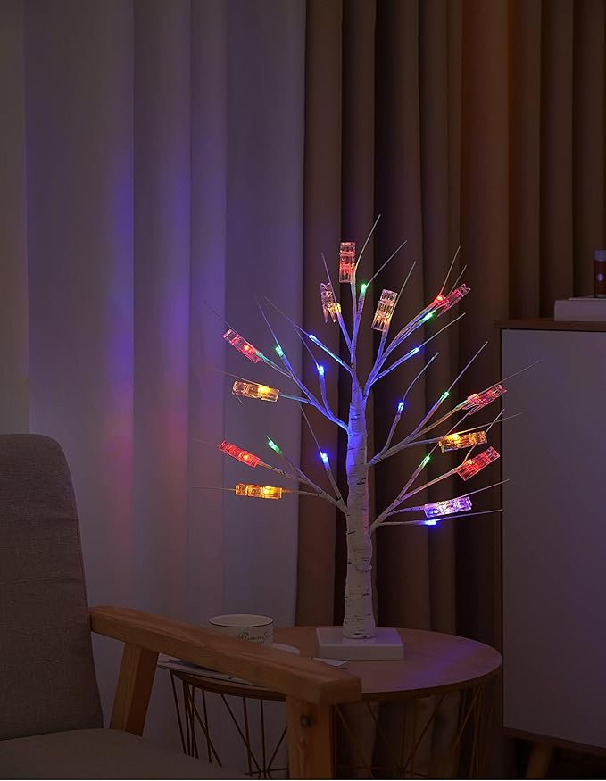 2 Pack Money Tree Gift Card Holder- DIY Birch Tree Lamp with 12 Clips and 24 Twig LEDs, Display Money Cash Photo for Birthday Christmas Home Party Festival Wedding (Coloured 2Pack)