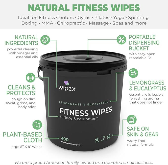 Wipex Yoga Mat Cleaner Gym Wipes - Plant-Based Lemongrass, Eucalyptus & Vinegar Wipes for Fitness Equipment & All Purpose Gym Cleaning - Safe for Peloton Bikes & Treadmills - 400 Count