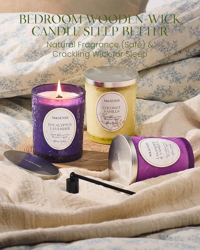 M&SENSE Vanilla Sandalwood Candle, Cracking Wooden Wick Soy Wax, 18oz 100 Hours Long Lasting Clean Burn, Large Jar Candles for Home Scented, Non-Toxic Relaxing Aromatherapy Gifts for Women