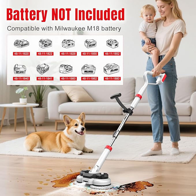 Cordless Electric Mop for Milwaukee M18 Battery (NO Battery), 2 In 1 Spin Mop & Floor Scrubber Machine with LED Light & Water Spray, 800 RPM Electric Mops for Floor Cleaning, Hardwood,Tile,Toilet,Tub
