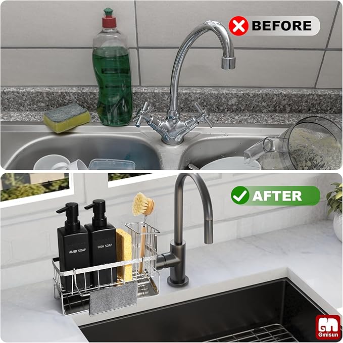 GMISUN Dish Soap Dispenser for Kitchen, 12 fl oz Matte Black Kitchen Soap Dispenser with Silver Sponge Holder, Customized Removable Soap Dispensers Set, Modern Hand and Dish Soap Dispensers Set