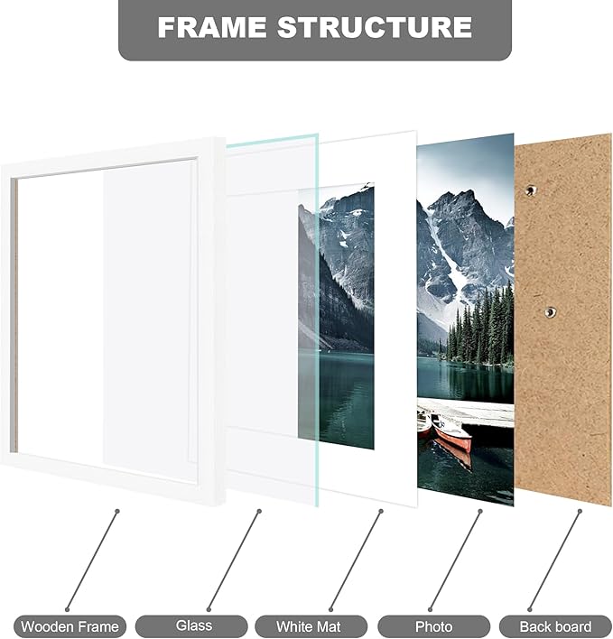 9x11 Picture Frame with Real Glass - Display Pictures 7x9 with Mat or 9x11 without Mat, Photo Frame for Wall or Table Top Display(White, 3 Pack)