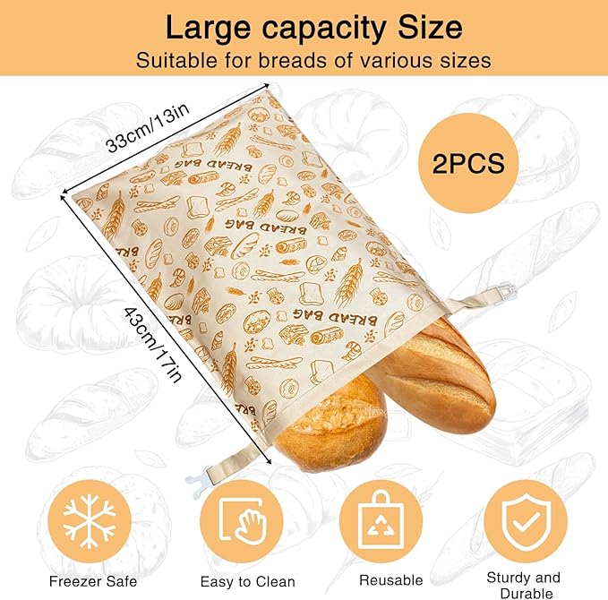 2 PCS Reusable Beeswax Bread Bags for Homemade Bread, Large Capacity Cotton Beeswax Bags, Keep Fresh, Refrigerable, Easy to Clean for Sourdough Storage Baking