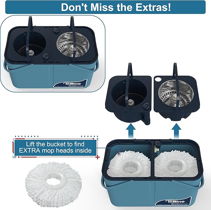 Mops and Buckets for Floor Cleaning, 360 Spin Mop and Bucket with Separates Dirty and Clean Water,4-Chamber Mop Bucket with Wringer Set for Home with 10 Replacement Mop Heads,4X Wheel