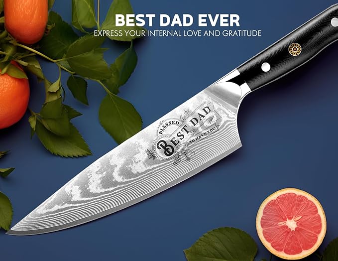 Men Gifts: Damacus Chef Knife - Gifts for Dad, Birthday Gift from Daughter Son Kids, Full Tang G10 Handle, Christmas, Thanksgiving Best Dad Ever