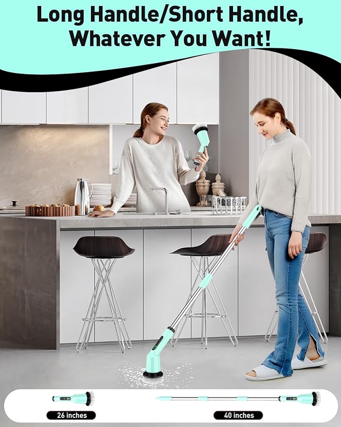 Electric Spin Scrubber for Cleaning Bathroom, Shower Scrubber Cordless Cleaning Brush with IPX7 Waterproof & 2 Speed, 3 Brush Heads, Bathroom Cleaning Supplies for Toilet Shower Tub Mint Green