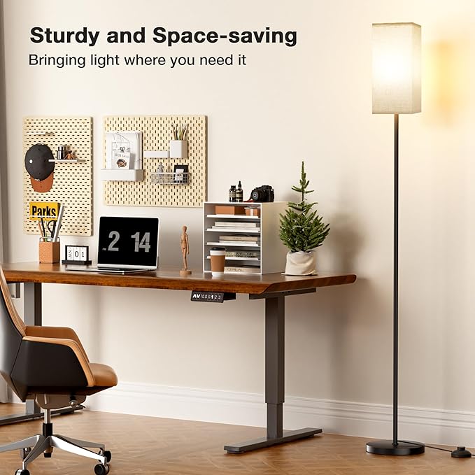 Ambimall Floor Lamps for Living Room & Remote Control, 9W Stepless Dimmable Bulb, Foot Switch, 64'' Tall Standing Lamp, Beige Lampshade(Black)