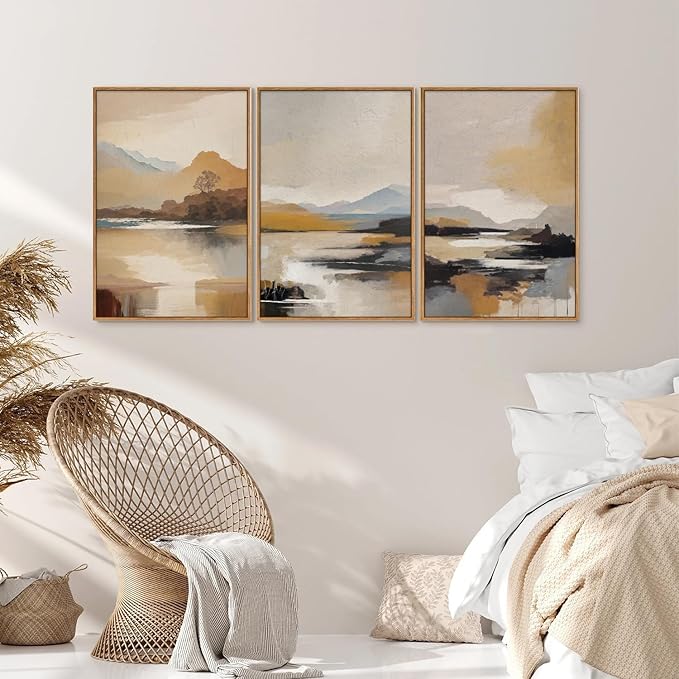 Tinonedraw Beige Mountain Landscape Framed Canvas Wall Art, Abstract Mid Century Modern Wall Decor, Golden Hour Lake Artwork, Neutral Nature Scenery Art Printing for Living Room Bedroom Office 16"x24"x3