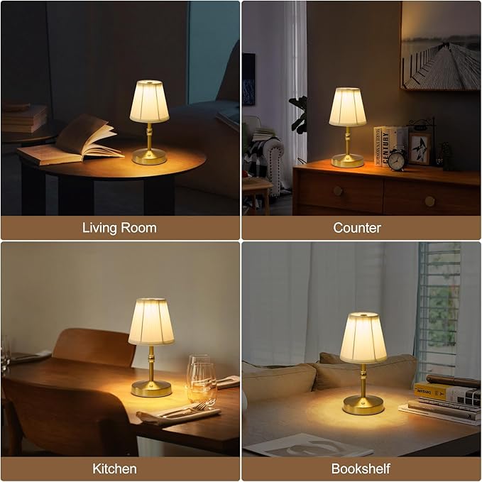 Cordless Mini Lamps Gold,3000 mah Battery Operated Lamp,3 Color Temperature Dimmable Table Lamp,Small Rechargeable Table Lamp Fabric,Aesthetic Small Kitchen Lamp for Counter,Dinner (Gold,2 Pack)
