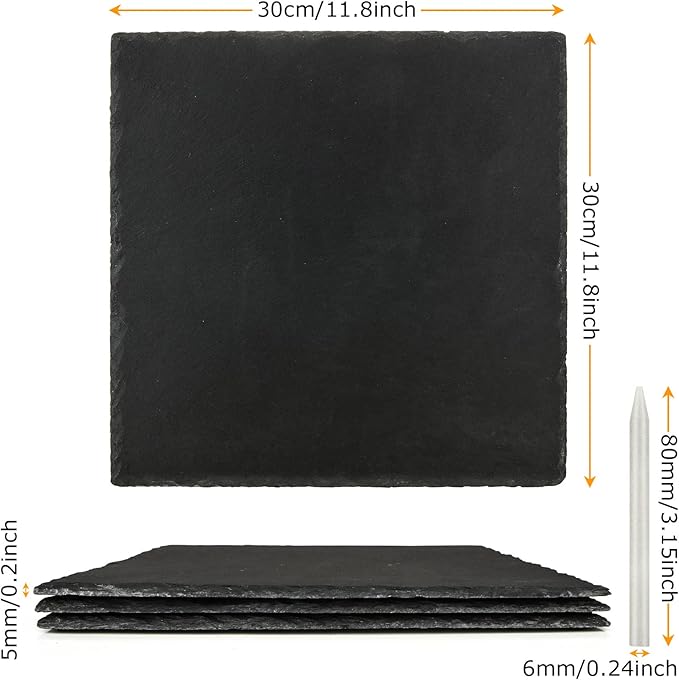 3PCS 12x12 Inch Large Slate Cheese Board with 3PCS Soapstone Chalks, Black Charcuterie Cutting Board Plates, Natural Stone Gourmet Serving Platter Tray for Cheese Sushi Pastry Bread Snack Meat Pastry