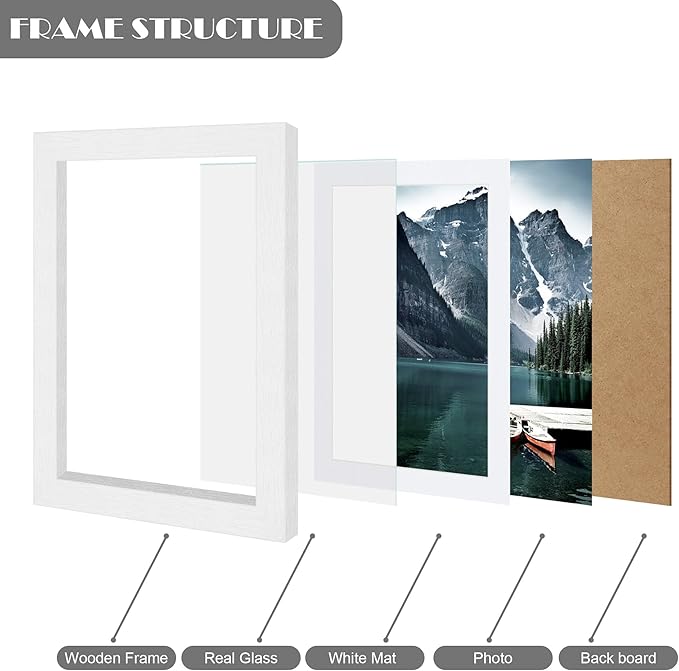 5x7 White Picture Frames set of 3, Made of Wooden and Glass Photo frame - Displays Picture 4x6 with Mat or 5 x 7 without Mat, Desktop & Wall Collage Frame set