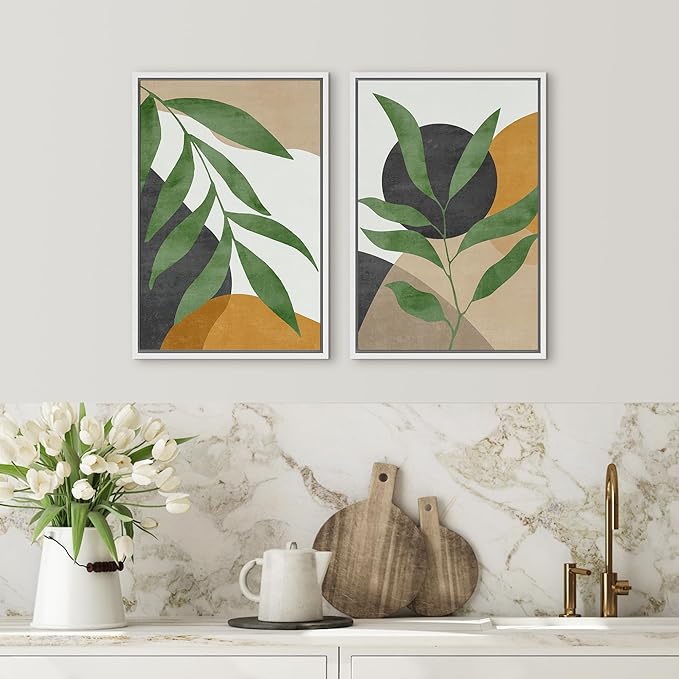 SIGNFORD Framed Canvas Print Wall Art Set Geometric Mid-Century Plant Collage Abstract Shapes Illustration Modern Art Decorative Nordic Nature for Living Room, Bedroom, Office - 16"x24"x2 White