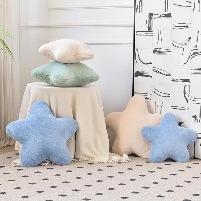Xiashrk Star Pillow, Decorative Throw Pillows for Bed Couch, 15" Star Shaped Pillow Plush Floor Cushions Room Decor Pillow with Faux Rabbit Fur for Sofa Bedroom Living Room (Beige, 15" x 15")