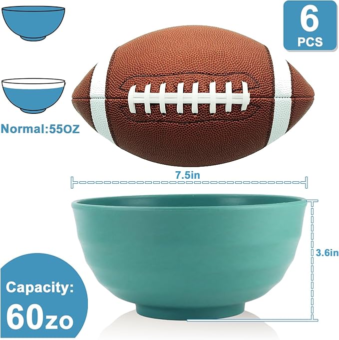 Wheat Straw Large Bowls 60 OZ, Popcorn bowl Bowls Set of 6, Unbreakable and Lightweight Large Serving Bowl for Kitchen, Dorm, Microwave and Dishwasher Safe Big Plastic Bowl Reusable - Green