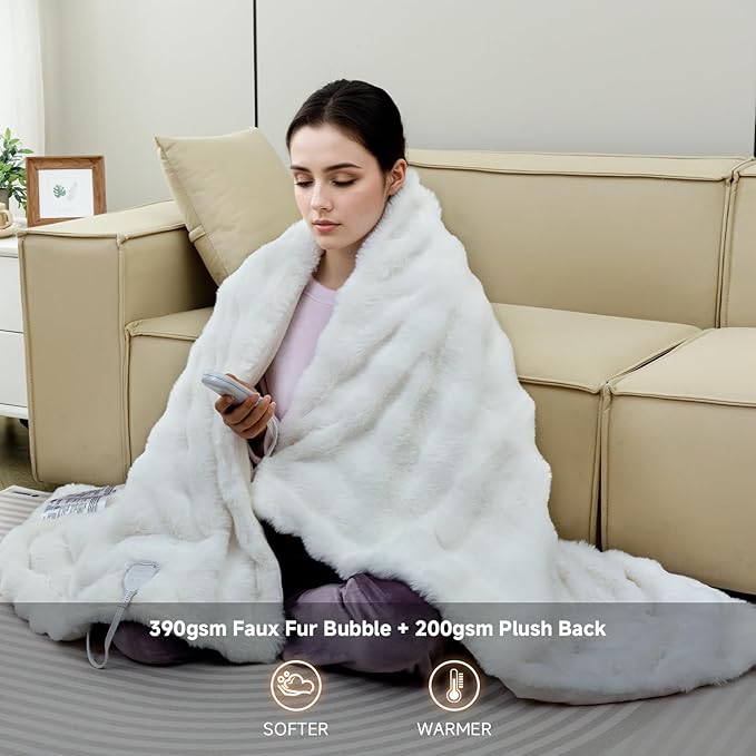 Heated Blanket Electric Queen- 84"x90" Soft Thick Bubble Electric Blanket for Sofa with 5 Heat Levels & 10 Hours Auto-Off Overheat Protection, Warm Cozy Gifts, Cream
