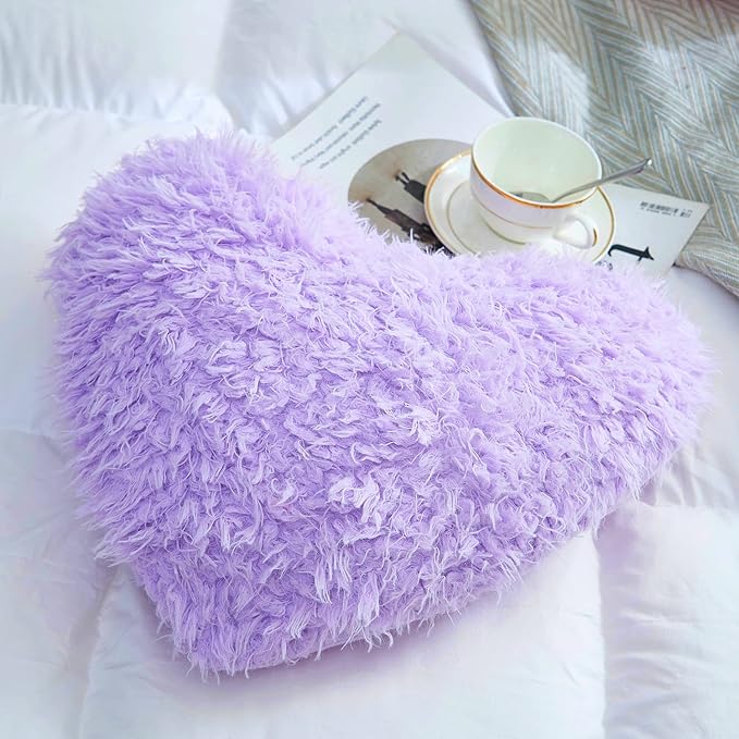 Purple Heart Pillow, Fluffy Heart Throw Pillow with Pillow Cover and Insert, Soft Faux Fur, Decorative Design for Mothers Day,Valentine's Day (Purple Heart Shape-15.7X15.7Inches)