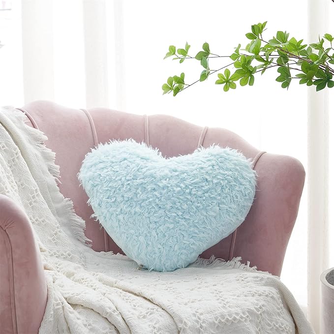 MOOWOO Fluffy Heart Throw Pillow with Pillow Cover and Insert, Shaggy Faux Fur, Decorative Design for Indoor and Outdoor, (Blue, Heart Shape-15.7X15.7Inches)