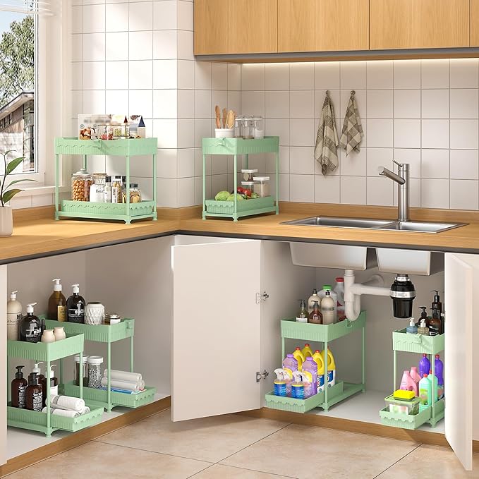 3 Pack Under Sink Organizers, 2-Tier Multi-Use Kitchen and Bathroom Organizers and Storage with Sliding Drawers,Bathroom Cabinet Organizer (Green, 14.8 Inch)