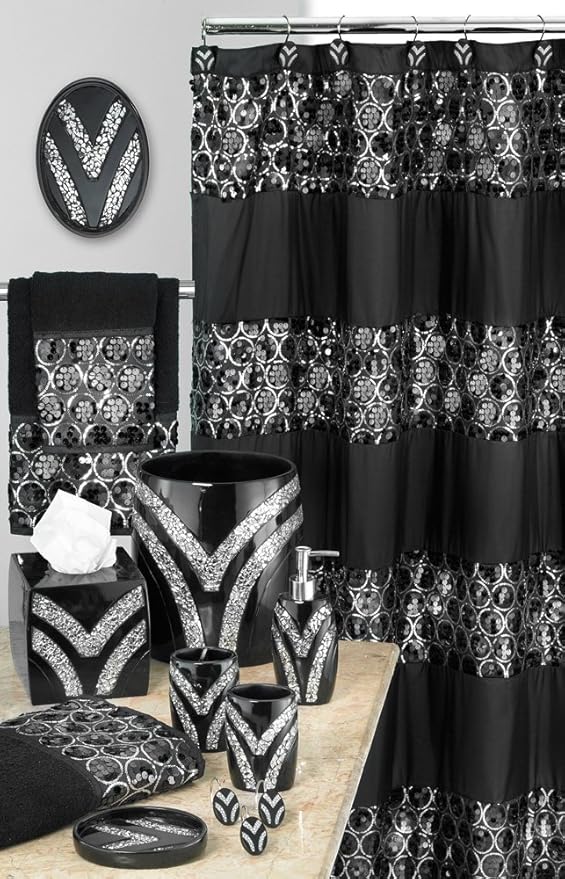 Zahari Home 13pc Sinatra Bathroom Shower Curtain Set Classic Shower Curtain & 12 Shower Curtain Hooks Luxury Fabric Shower Curtain Unique Design Bling Black Shower Curtain Set