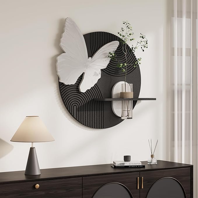 3D Textured Black and White Abstract Wall Art with Vase, White Butterfly Wall Decor, Modern Painting Artwork, Minimalist Wall Decor for Living Room Hallway Dining Room Bedroom Office, 25.6x24 In