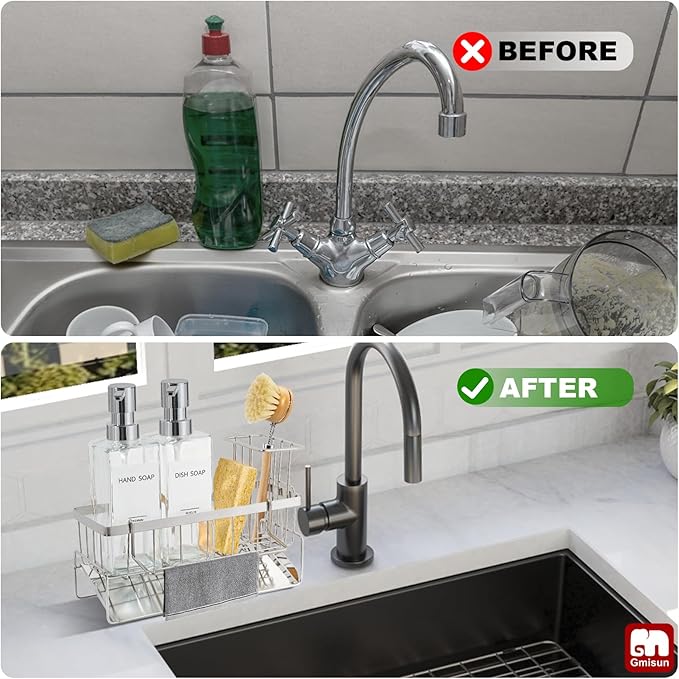 GMISUN Kitchen Soap Dispenser, 12 Fl oz/350ml Clear Dish Soap Dispenser with Silver Sponge Holder, Customized Glass Dish Soap Dispensers for Kitchen, Modern Hand and Dish Soap Dispensers Set Removable