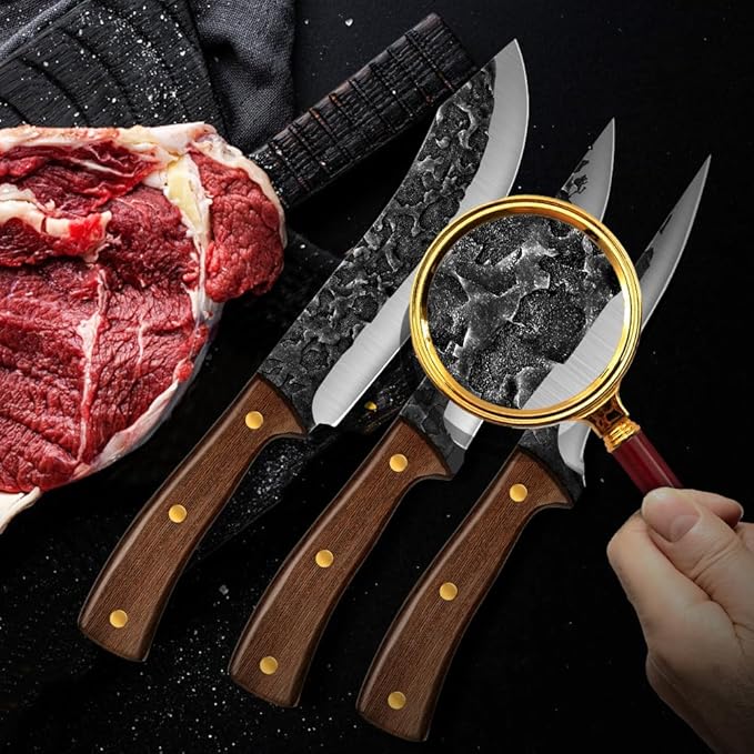 UniqueFire Chef Knife set 3 Pcs, Professional Kitchen Knives set, Sharp Butcher knife sets, Hand-forged High Carbon Steel Meat Cleaver knife, Ergonomic Wood Handle with Gift Box for Home & Restaurant