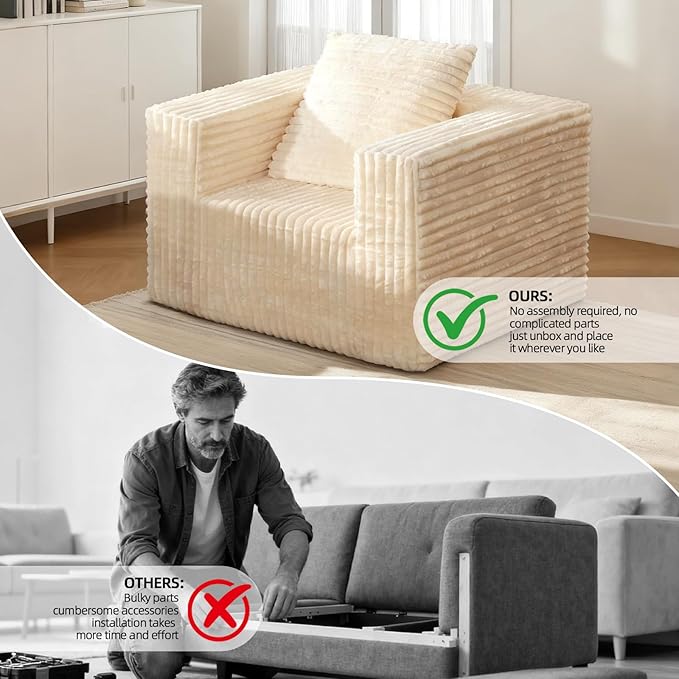 Single Cloud Sofa, Giant Bean Bag Chair with High Backrest & Wider Armrest, Foam Boneless Couch for Small Spaces, Comfy Furry Sofas with Pillows for Living Room, Bedroom, Apartment, Dorm, Office