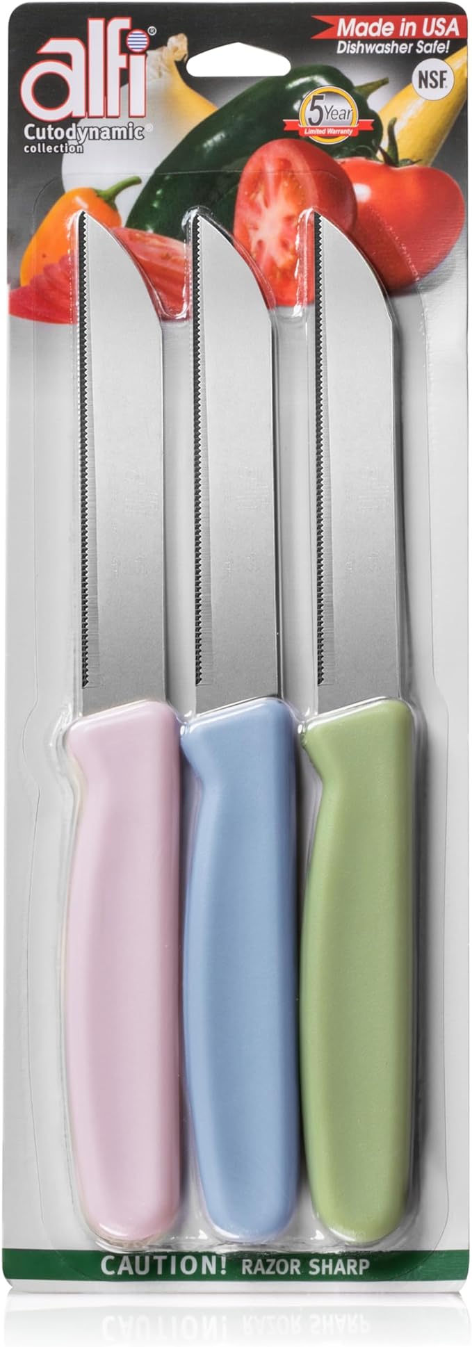 Alfi All-Purpose Knives Aerospace Precision Pointed Tip - Home And Kitchen Supplies - Serrated Steak Knives Set | Made in USA (Lavender, Myrtille, Green)
